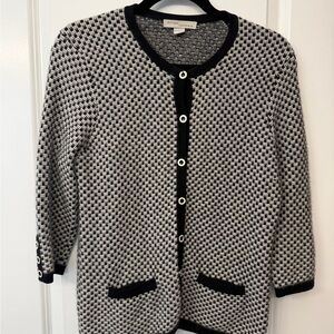 Kinross Cashmere Black and White Patterned Knit Cardigan
